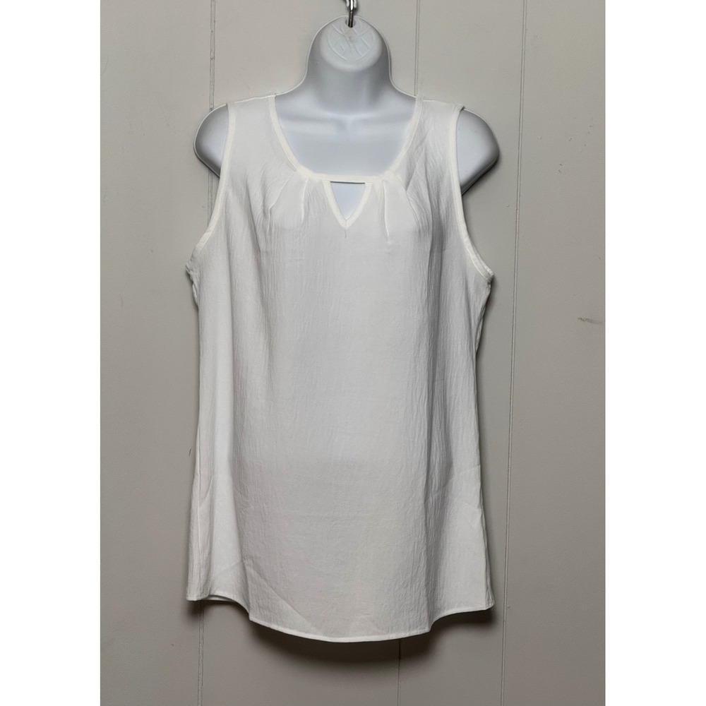 White Sleeveless Keyhole Neck Pleated Blouse Textured Tank Top Size Medium